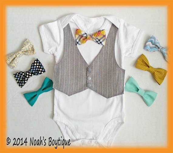 Baby Boy Clothes - Grey Pinstripe Vest and Bow Tie Outfit - Baby Wedding Outfit - Baby Shower Gift - Cake Smash - First Birthday - Baby Suit by NoahsBoytiques