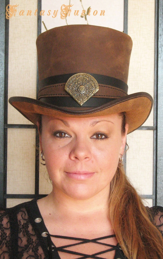 Steampunk Hat Victorian Classy Hunter <b>Lion Crest</b> Leather HIGH Top Hat 2 <b>...</b> - il_570xN.741725632_o9m1