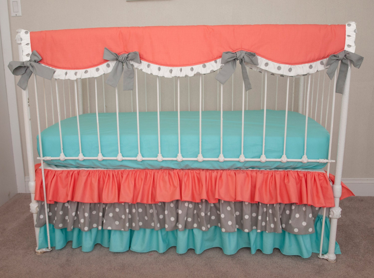 Bumperless Aqua Coral and Gray Baby Girl Crib Bedding with