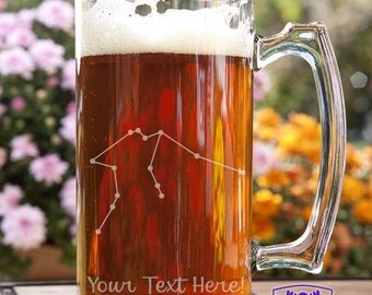 Aquarius Constellation Customizable Etched Glass Beer Stein Mug Glassware Gift