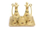 French Olive Oil and Vinegar Cruet Set Salt and Pepper Shakers French Mustard Jar Porcelain Tray Made in Germany Ceramic Flower Transferware