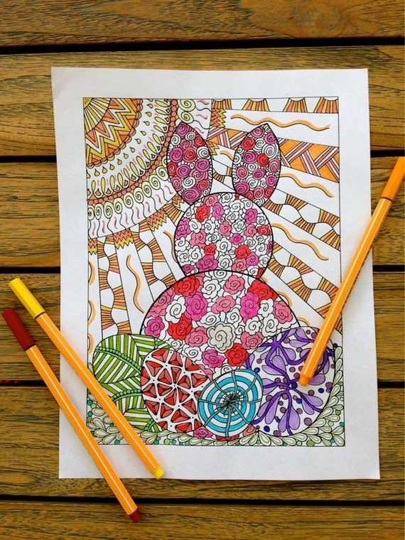 Easter Rabbit to Color, Easter Eggs Coloring Page - Printable Activity Sheet - Zentangle - Digital Download - Happy Easter Decoration