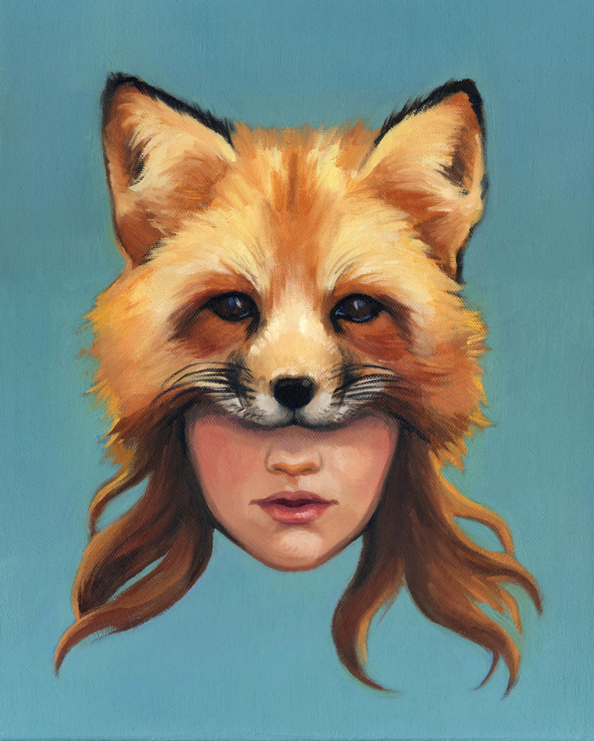 Girl In Fox Mask With Teal Background