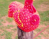 Spring SALE red Chicken doll doorstop "Zinnia" -  made to order - rickrack flower, quilted wings & tail, rickrack trim,, lifelike comb