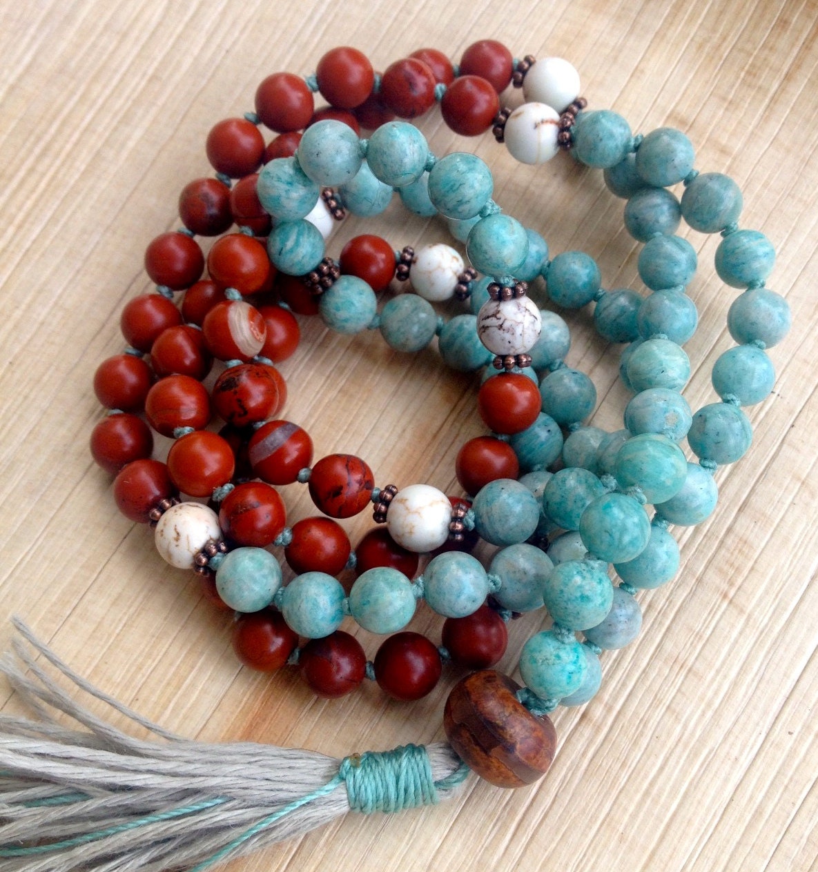 Amazonite Red Jasper Magnesite Mala Beads by