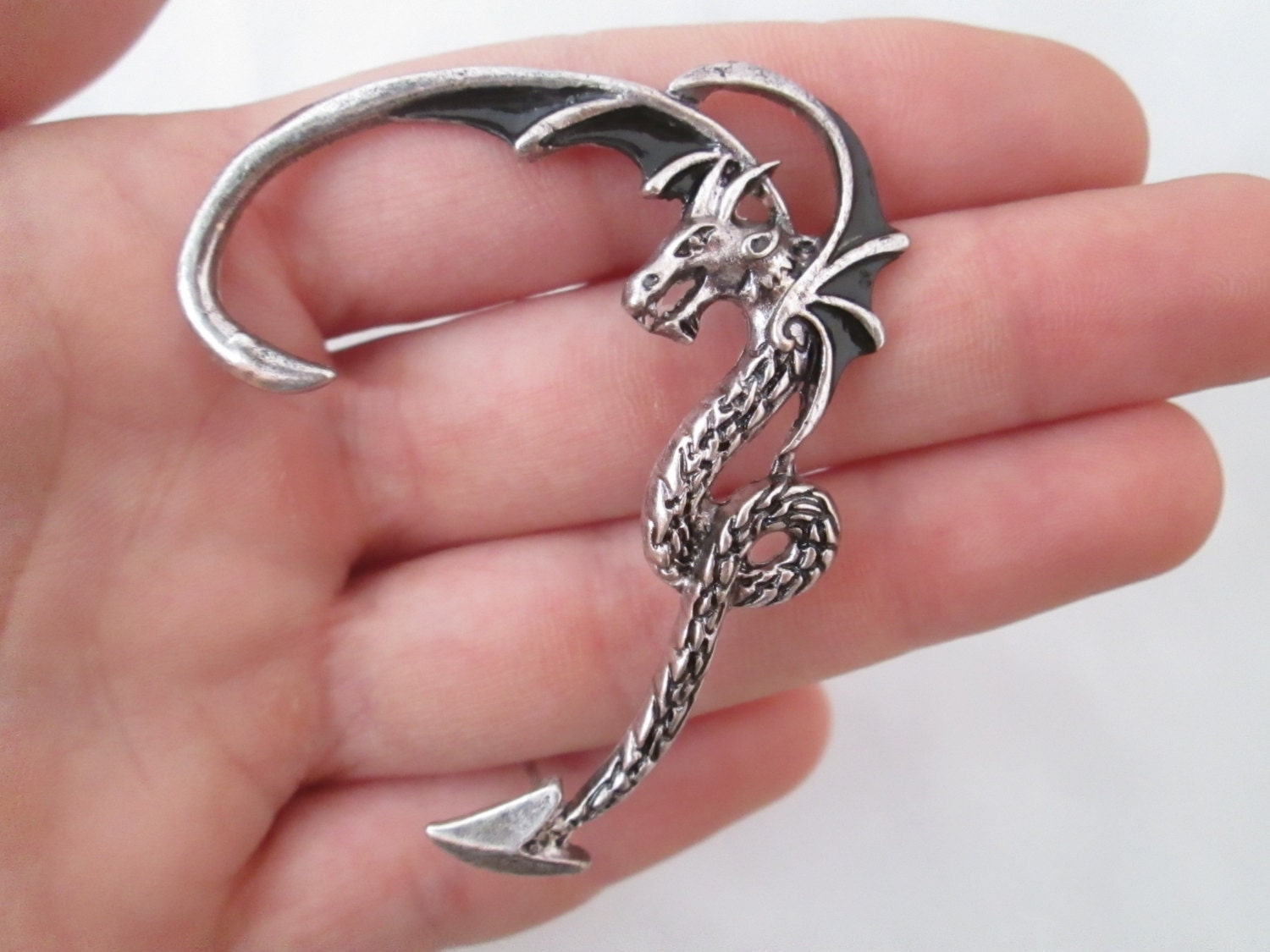 Black and silver wing dragon ear cuff earring