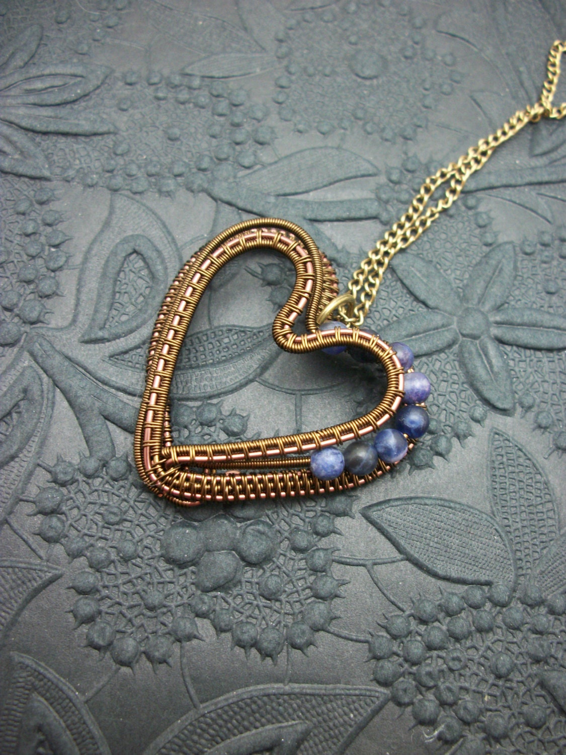 Wire Wrapped Heart Pendant in Antique Brass and Sodalite
