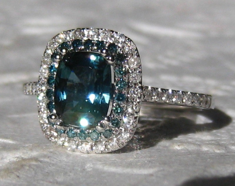 1.4 Carat Untreated Teal Blue Sapphire and Blue Diamonds in