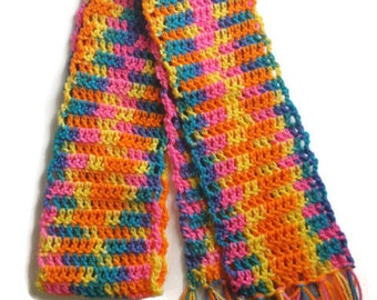 Crochet scarf rainbow adult size scarf, rainbow colored scarf, ready to ship!