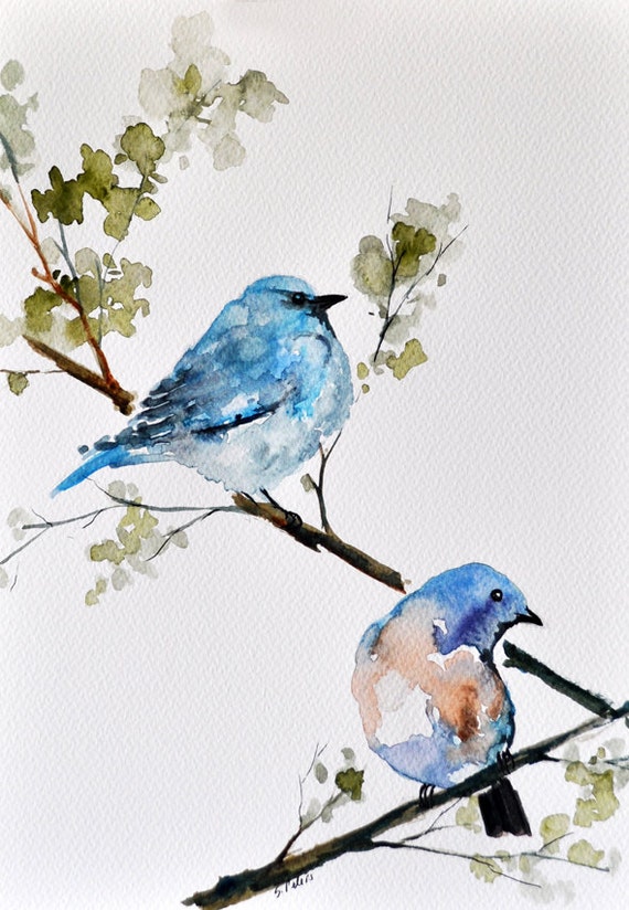 ORIGINAL Watercolor painting Winter Birds in Cool Tones 8x12