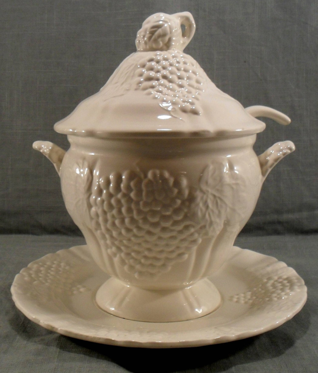 California Pottery Vintage Soup Serving Tureen Platter Ladle Pure White