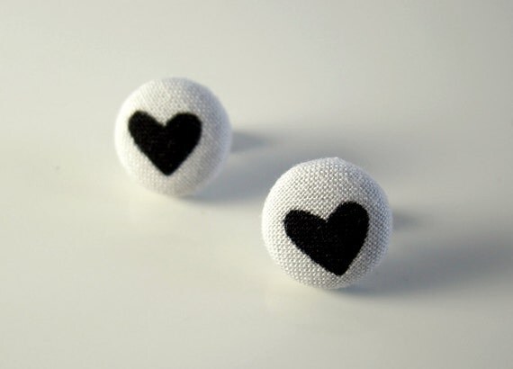 Black Heart Button Earrings Valentine Earrings Black Heart Earrings Fabric Button Post Earrings Valentines Gift