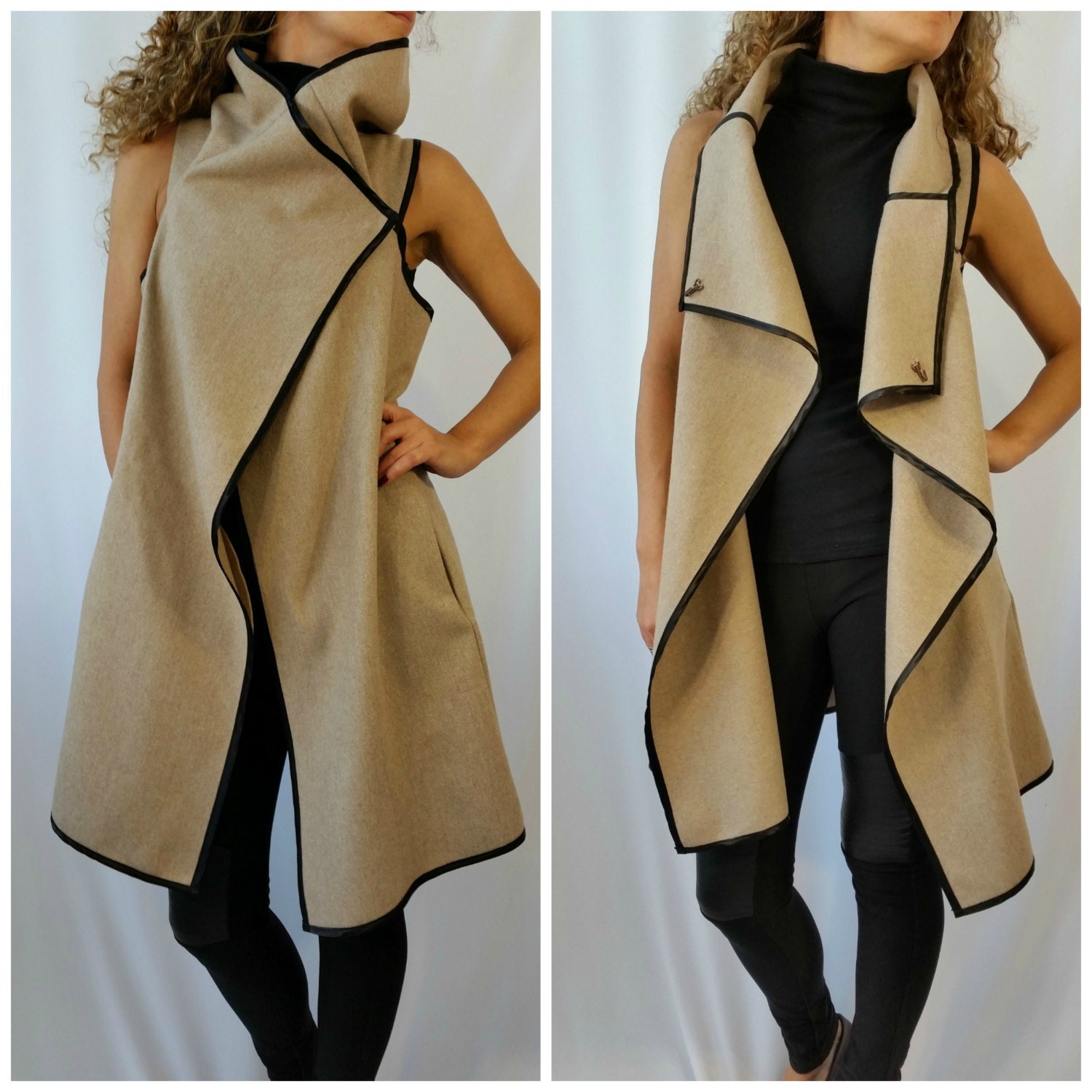 High Collar Coat / Asymmetrical Vest with Pockets /Wool