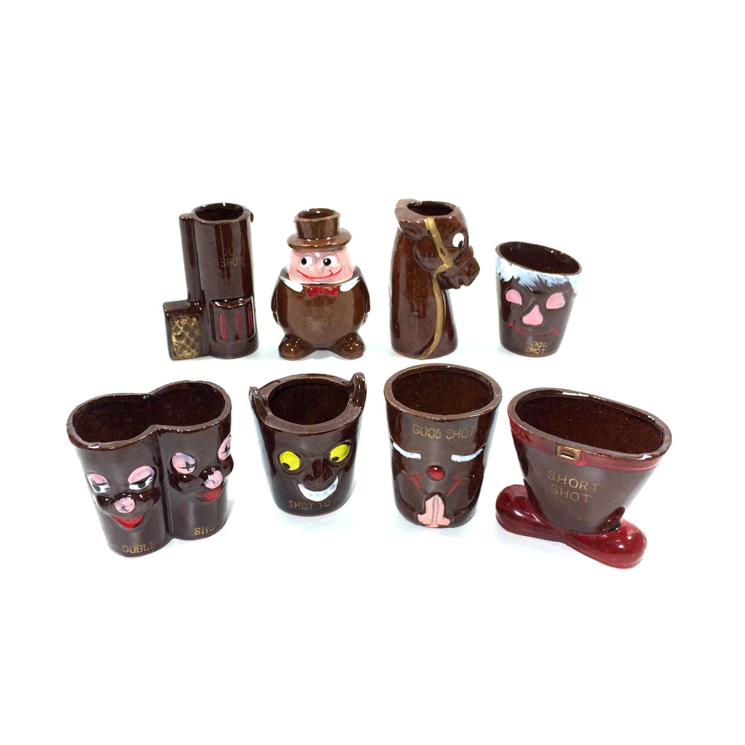 Vintage Shot Glass Novelty Set with 8 Japan by PrimaTreasures