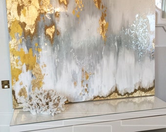 Gray, Painting canvas Large Glass Canvas painting  glass   Ombre Gold with Glitter Silver, on Ikat