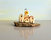 Ceramic miniature houses on Quarts stone , Medeteranian art , clay houses , rustic houses / ceramics / ceramic and pottery / gift for him
