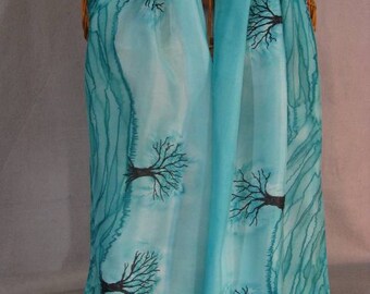 Silk Scarf "Aqua Trees", Hand Painted Silk Scarf, Turquoise Scarf