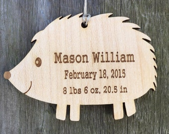 Personalized Woodland Hedgeho Ornament: Baby's First Christmas/Birth Stats Keepsake/Favor/Hedgehog Nursery Decor
