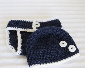 Navy White Diaper Cover Set, Newborn Photography Prop, Button Accent, Handmade Crochet Yarn, Baby Boy, New Baby, Cute Photo Prop, Nautical