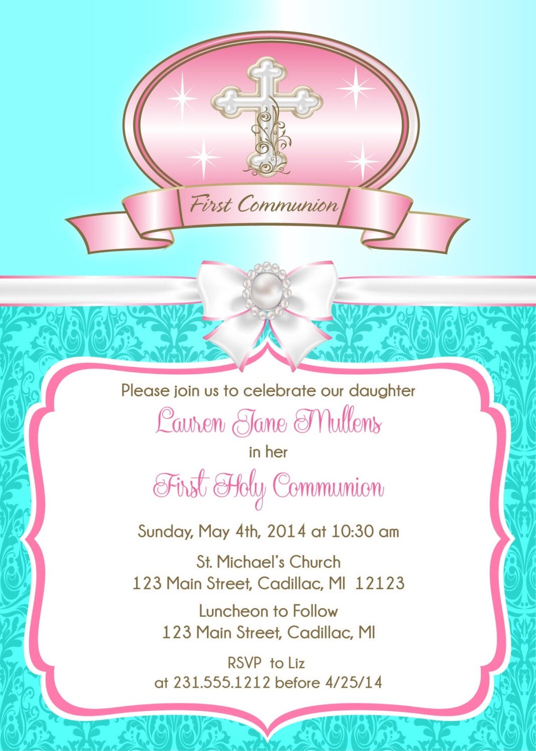 Tiffany Blue First Communion Invitation Girl's First