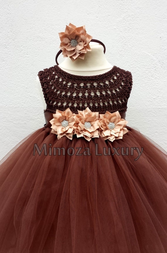 Brown Flower girl dress tutu dress, bridesmaid dress, chocolate princess dress, crochet top tulle dress, brown tutu dress
