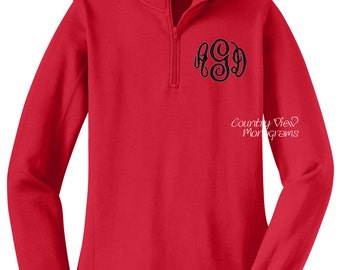 Monogrammed Womens Quarter Zip Sweatshirt-Red with Black-- zip up sweatshirt fleece jacket with several color options