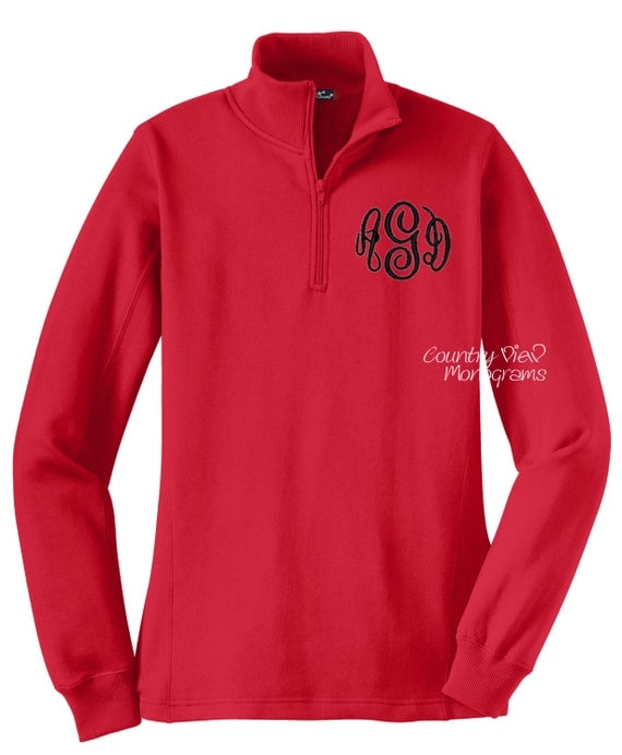 Monogrammed Womens Quarter Zip SweatshirtRed with Black zip