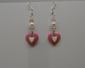 Items similar to Sparkly Pink Heart Sparkly dangle Pink heart earrings ...