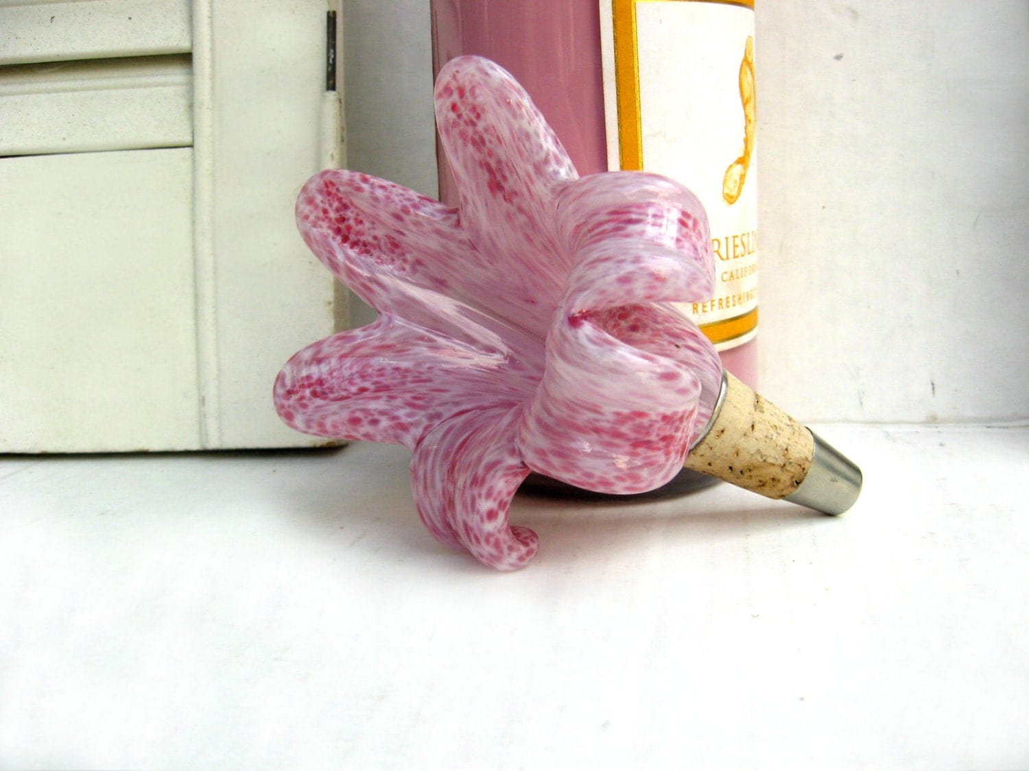 Pink Flower Wine Stopper, Art Glass Wine Stopper, Flower Bottle Stopper
