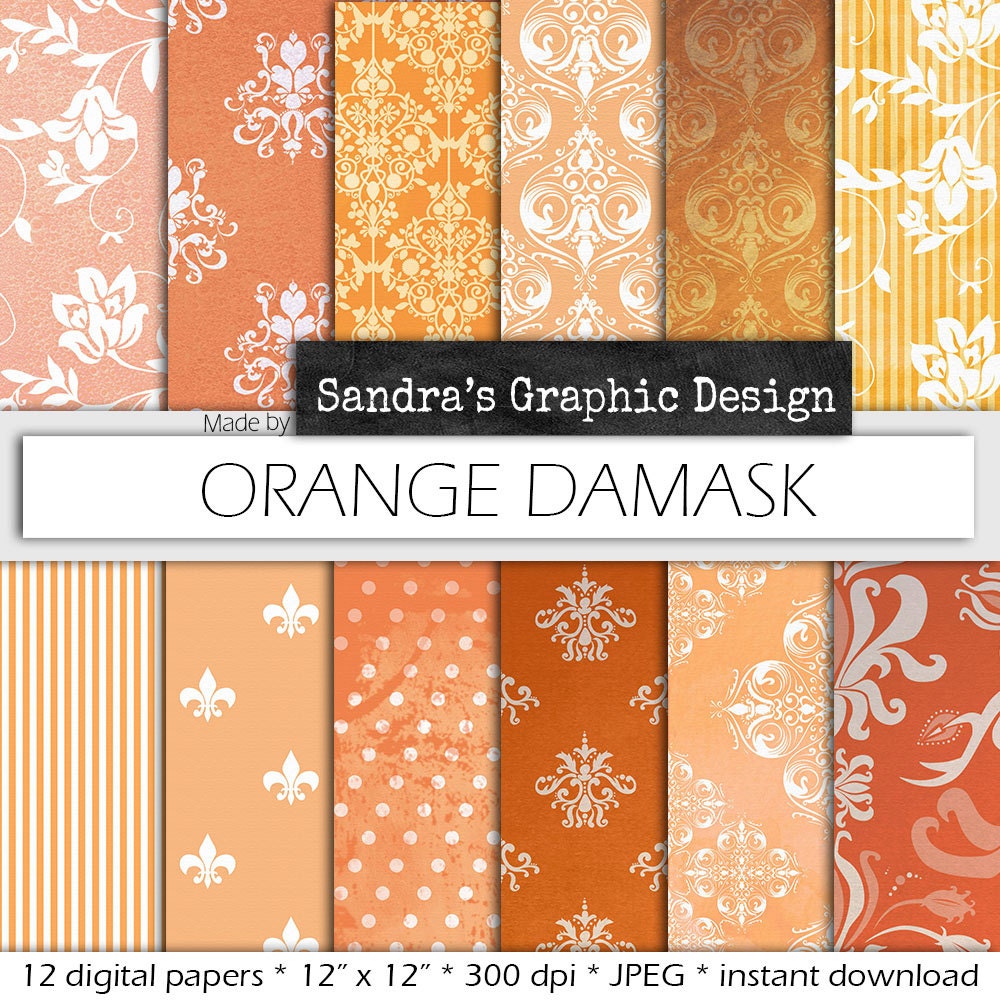 Orange digital paper “ORANGE DAMASK” with various damask pattern