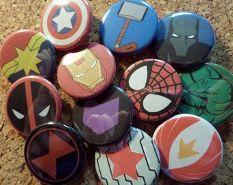 Avengers Buttons - Iron man, Captain America, Thor, Hulk, Captain Marvel, Bucky, Black Widow, Hawkeye, Spider-man, Falcon, Black Panther