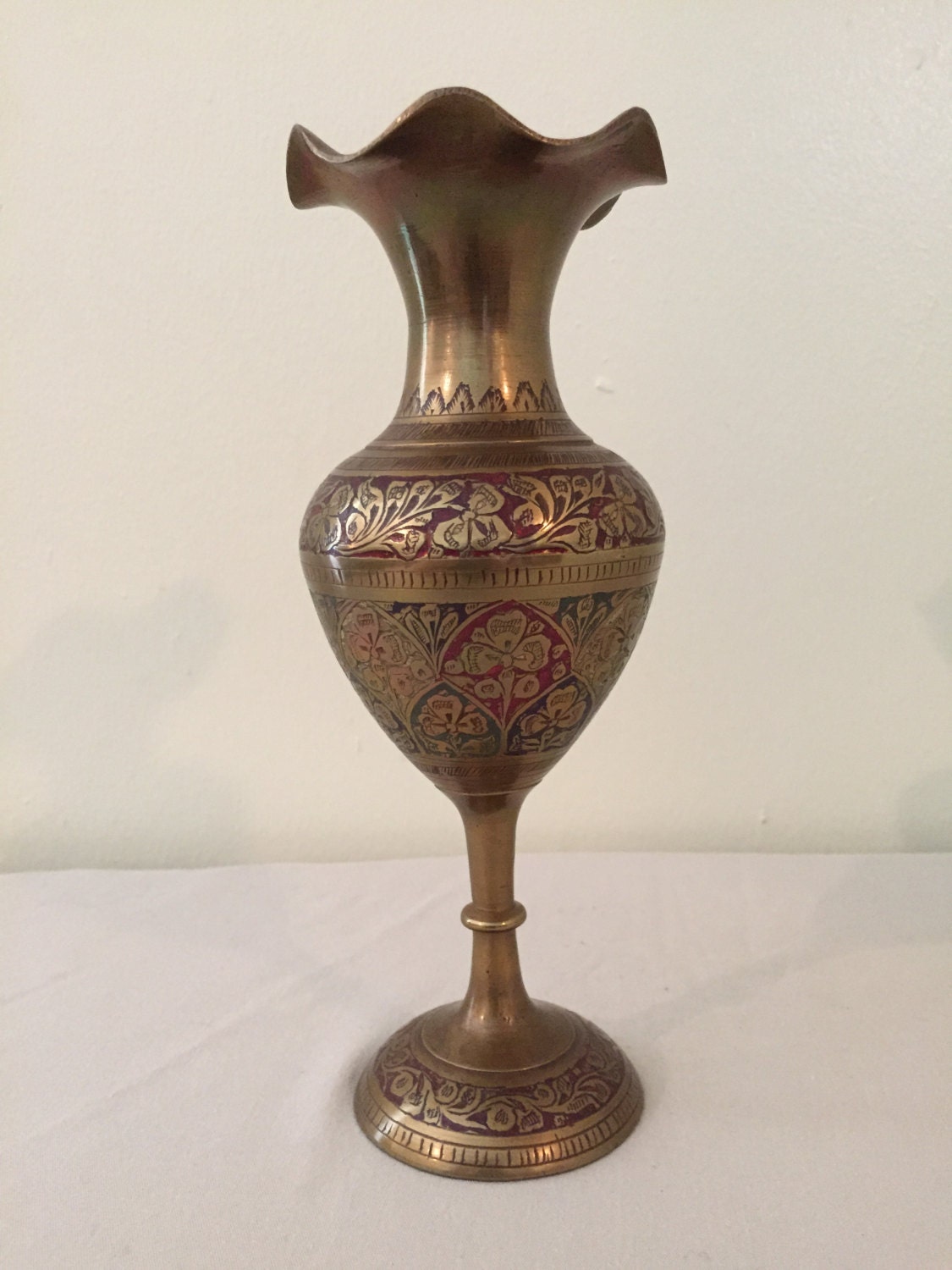 Vintage Brass Vase Etched and Painted