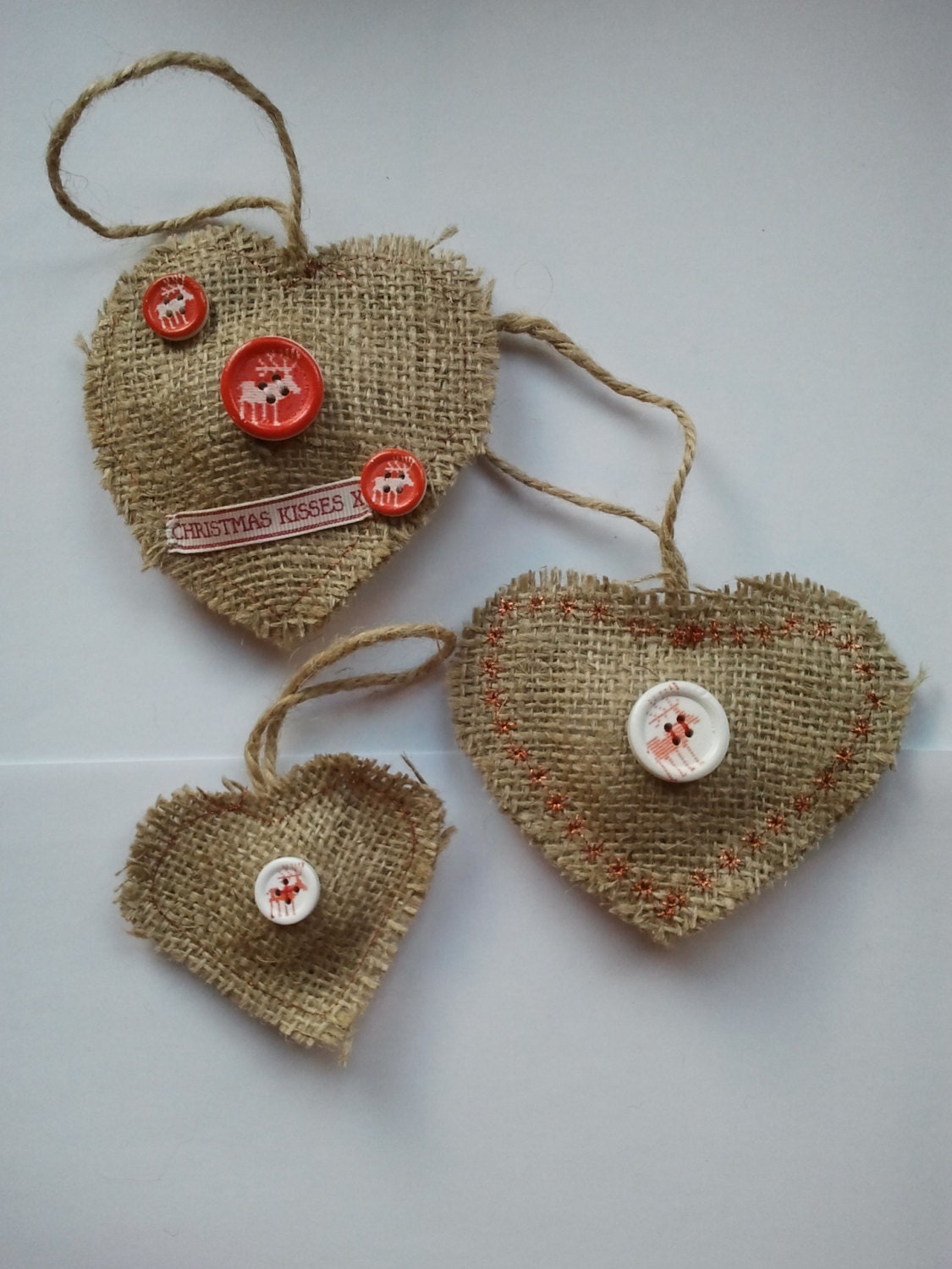 3 rough cut Rustic hessian heart shaped Christmas tree hanging decorations