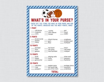 Sports Themed Baby Shower What's in Your Purse Game - Printable Instant Download - Blue and Red Baby Shower Purse Game - 0015-B