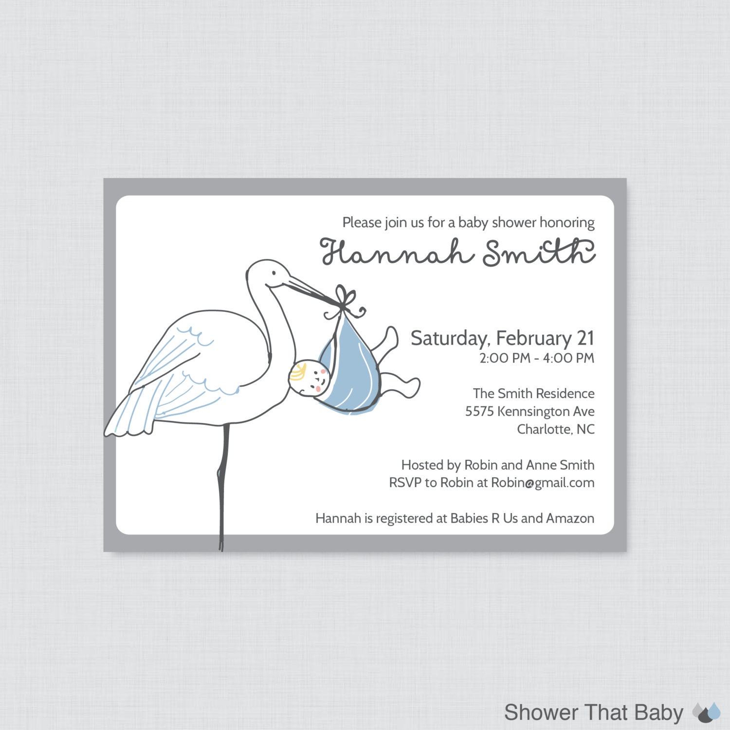 Stork Baby Shower Invitation Printable or by ShowerThatBaby