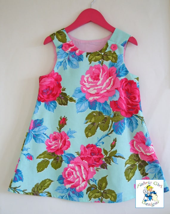 Girls dress, pink, turquoise roses, florals, girls clothing, aline, pinafore, tunic, 100% cotton, girl, baby, toddler, size 6m to 8 years