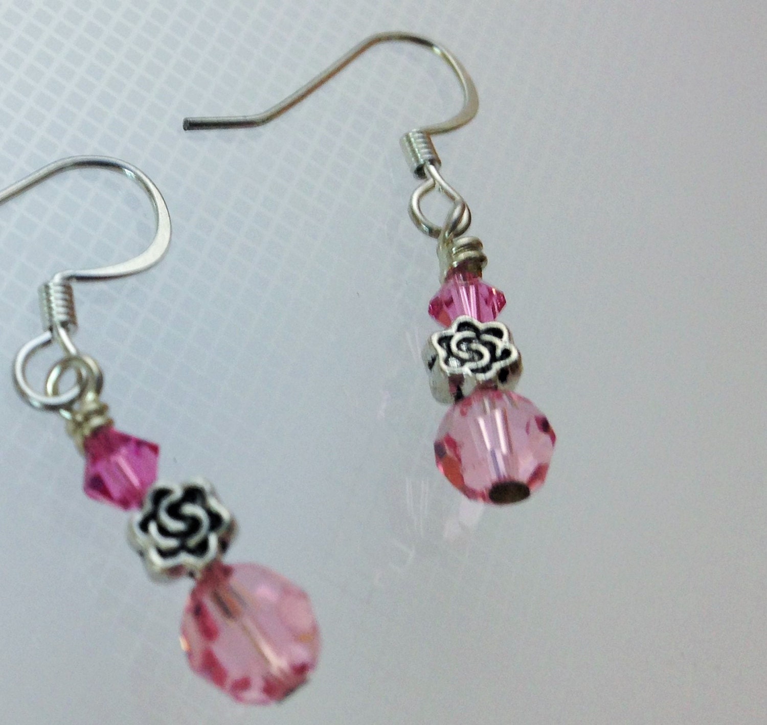 Pink Crystal Earrings Pink Flower Earrings Sterling Wires Pink