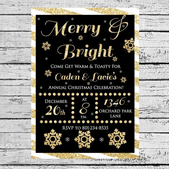 Merry and Bright gold glitter invitation