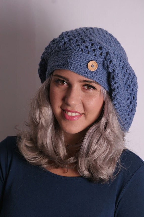 Crochet Beanie Hat, Blue Slouchy Hat, Cap, Wood Button, Hat With Pom Pom, Christmas, Women Winter Hat, Bohemian, French Fashion (KHT-105)