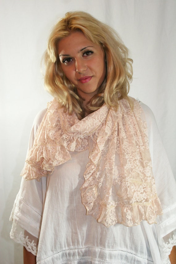 Shawl, Pink Lace,Shawl With Lace Ruffle,Delicate Lace, Lace Wrap, Large Lace Stole, Pale Pink Lace Scarf, Romantic Lace Shawl (SCF-233)