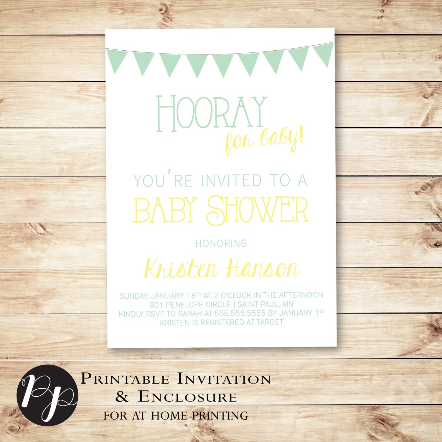 Gender Neutral Baby Shower Invitation Mint and Yellow