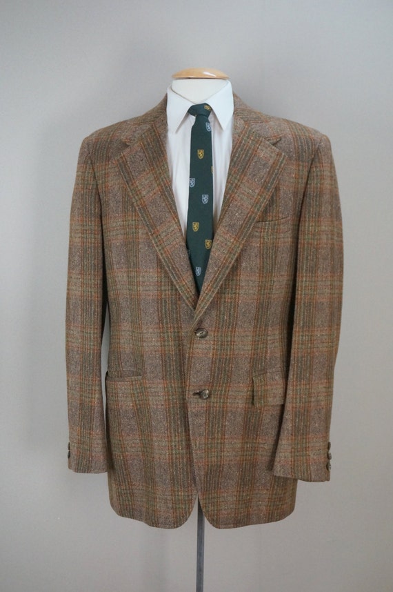 Men's Vintage 70s Tartan Plaid Blazer / Brown Blend Tweed