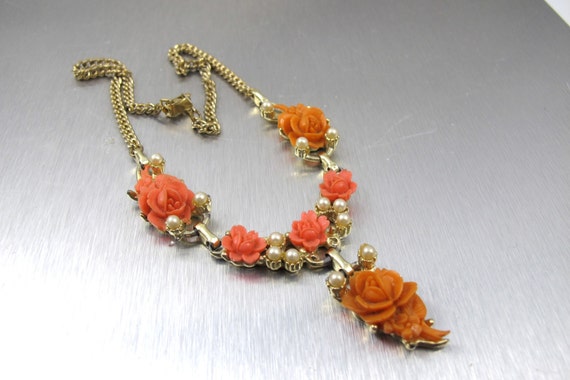 Coral Celluloid Necklace. Molded Coral Celluloid Roses Flowers