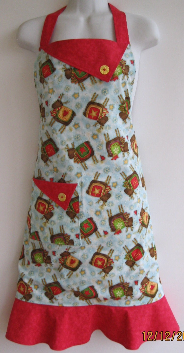 Reversible reindeer Christmas Holiday apron by ApronEcstasySewing