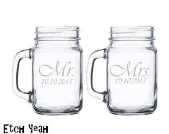 Custom Mr. and Mrs. Mason Jar Mugs with Handle / Add name or Date / Set of 2 / Personalized Mug / Wedding, Anniversary Gift / 48 Designs