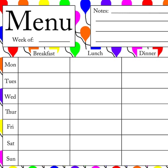 Printable Breakfast Lunch And Dinner Chart