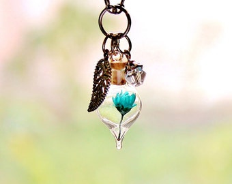 Terrarium Necklace Turquoise Jewelry Boho Nature Gift April Birthstone Clear Crystal Turquoise Necklace Glass Bottle Necklace Dried Flower