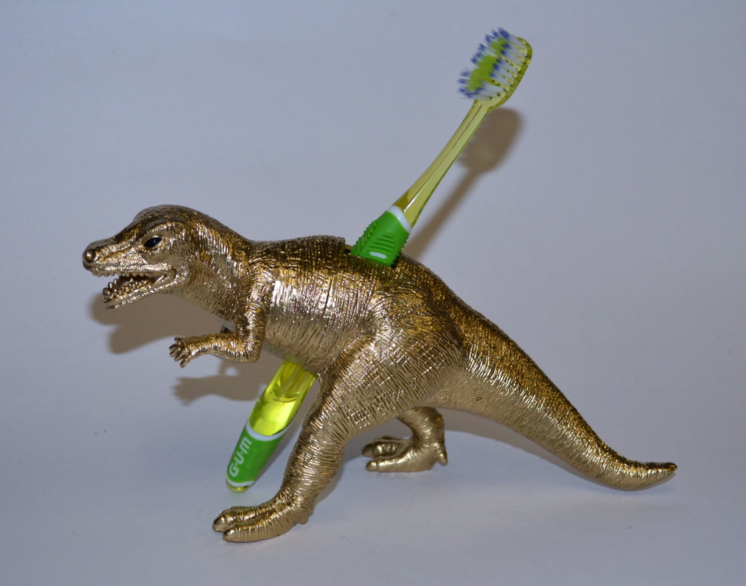 Dinosaur Toothbrush Holder TRex in Gold by SnarlingBunny on Etsy