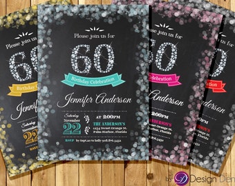 Adult 60th Birthday Invitation. Bokeh Invitation. Diamond 60th invitation. Printable. #A1021C