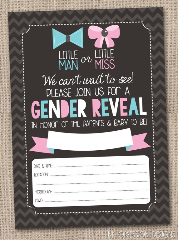 Instant Download Gender Reveal Invitation Printable Party PDF Little Man Or Little Miss With Bow